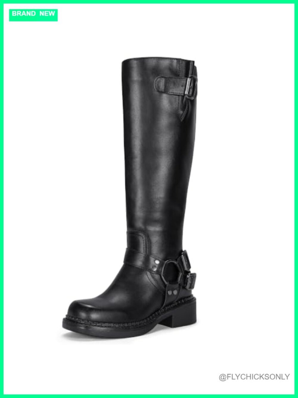 Knee High Riding Boots Square Toe Buckle Faux Leather